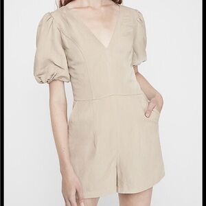 Express Black Linen Blend Puff Sleeve Romper S